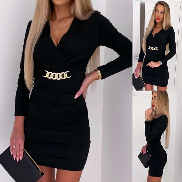 

casual dresses fashion v-neck black dress women vintage metal buckle temperament short party banquet mujer vestido, Black;gray
