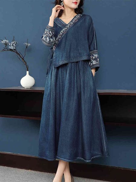 

casual dresses vintage women long mid-calf three quarter sleeve denim v-neck spring autumn embroidery lace up z7th, Black;gray