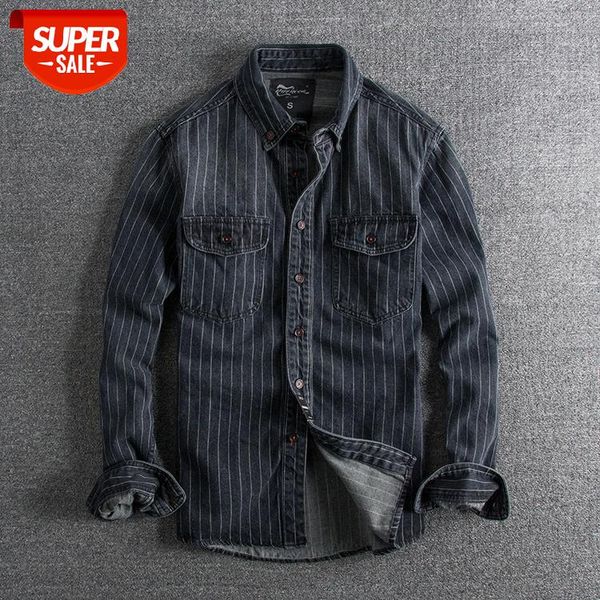 

8023 autumn and winter thick section of england retro old striped trendy original men's long-sleeved shirt #au2j, White;black