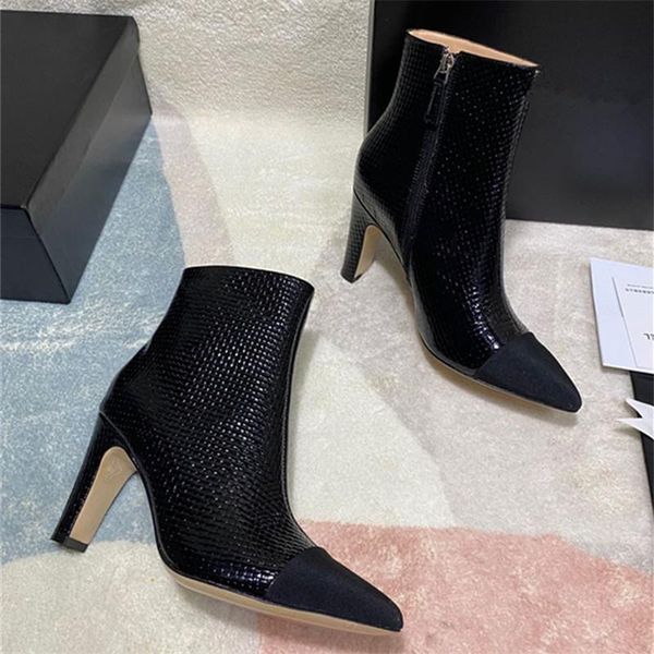

boots mixed colors leather ankle for ladies pointed toe yellow square heel winter zipper-sid luxuryÂ 2021 women shoe, Black