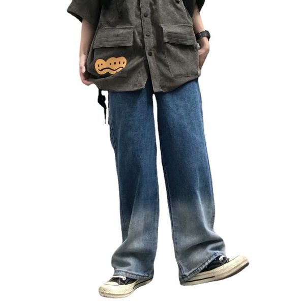 

men's jeans wide leg straight high street pants summer gradient color loose harajuku style casual trousers, Blue