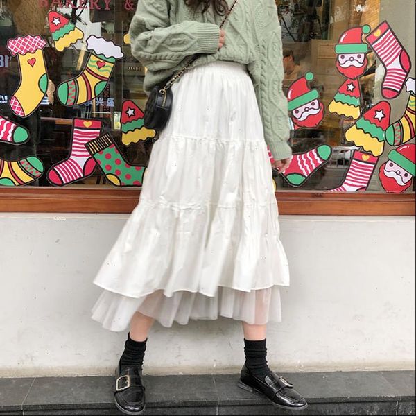 

2021 autumn and winter women boho long skirt high waist ruffles white beach skirts pink femme tulle skirt saia midi faldas, Black