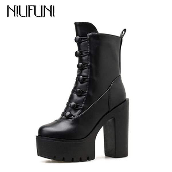 

boots niufuni fashion pu leather platform women 13cm thick high heels black motorcycle zipper spring autumn shoes woman