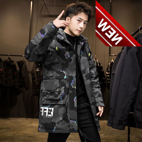 

white duck down] winter down jacket men's medium long thickened handsome student cold resistant warm loose trend coat, Black