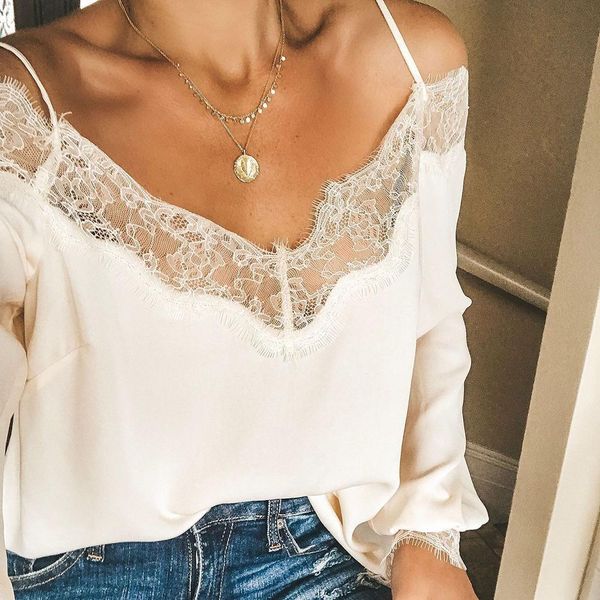 

women v neck long sleeve lace stitching off shoulder straps loose lantern sleeve shirt drop shipping good quality, White