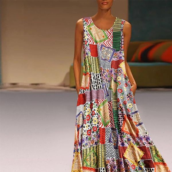 

h40 women vintage print long dress floral patch o neck sleeveless casual loose maxi dress bohemian summer party dresses vestido, Black;gray