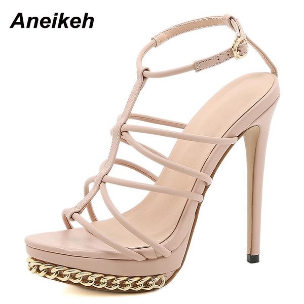 

sandals aneikeh 2021 pu women shoes summer stiletto heels buckle strap party metal decoratio chain platform narrow band, Black