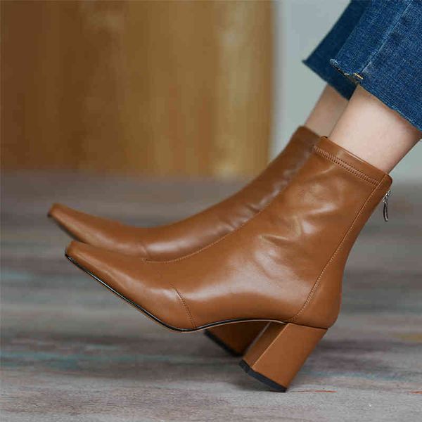 

dress shoes eoeodoit nova bota de couro feminina, sapato curto com salto médio, bico quadrado, zíper frontal, primavera e outono ra5c, Black