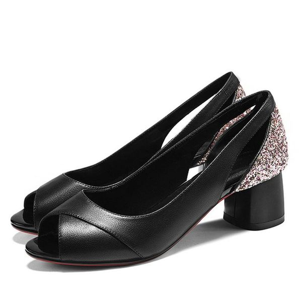 

female shallow genuien leather ladiew sandals peep toe platform thick high heels pumps summer party prom shoes woman, Black
