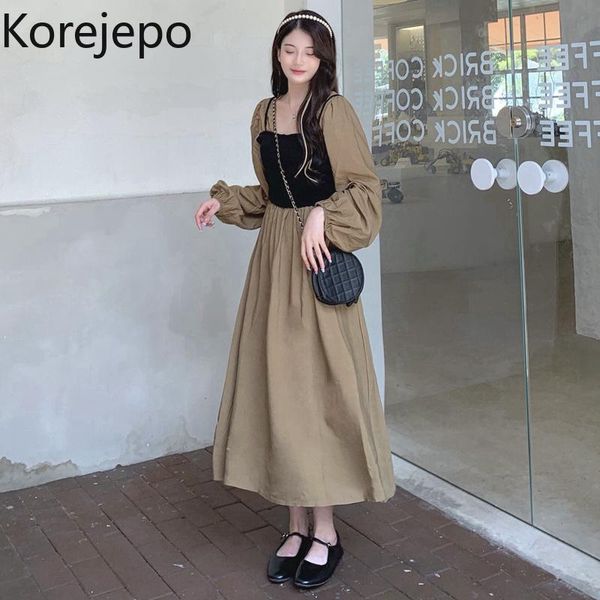 

casual dresses korejepo women dress 2021 autumn french retro gentle elegant color contrast square collar lantern sleeve long female, Black;gray
