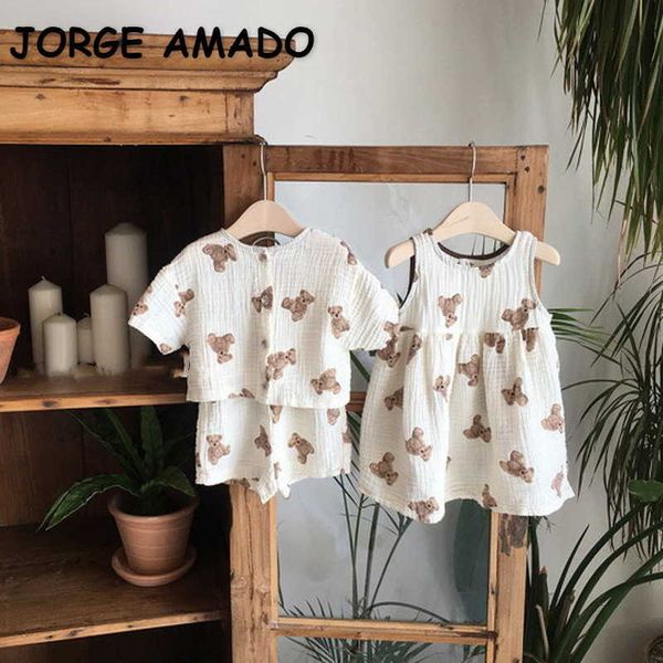 Estilo coreano Verão Família Correspondência Conjuntos de Dos Desenhos Animados Barras Curtas Camisas + Dress Brother Sister Outfits E1315 210610