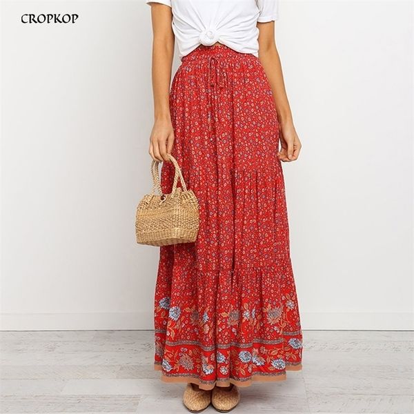 

high waist long skirts womens boho a-line full skirt floral print drawstring lace-up maxi clothes white summer red bohemian 210310, Black