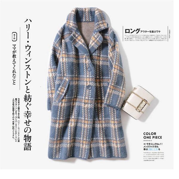 

mink coat 2021 autumn elegant plaid women fashion woolen ladies casual turn-down collar coats female warm outwear hofc, Black