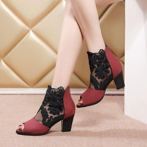 

sandals net red female thick heel fish mouth mesh roman summer plus size high zipper women's shoes a, Black