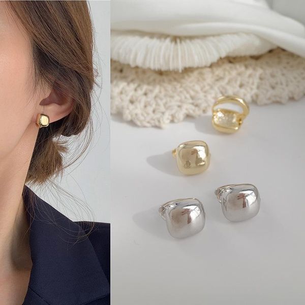 

stud high-preservation ins simple square smooth earrings retro ear studs cold style temperament hipster jewelry for girls women, Golden;silver