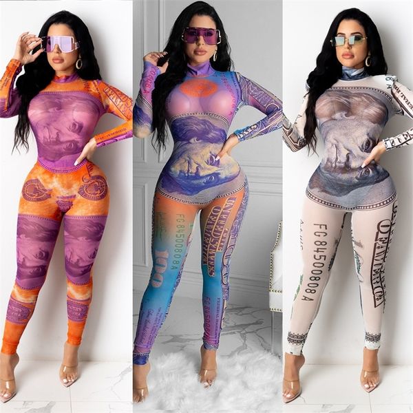 EUA Dinheiro Dólar Imprimir Sexy Fitness Bodysuits para Mulheres Malha Sheer Spled Manga Longa Slim Jumpsuit Streetwear Magro Macacão 210317