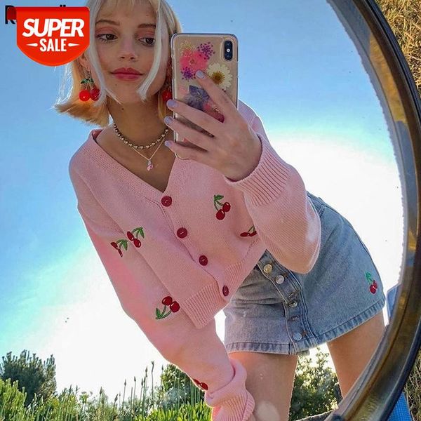 

sweet embrodiery cherry harajuku pink knitted cardigan women 2020 autumn button long sleeve white cute y2k cropped winter #5h1w
