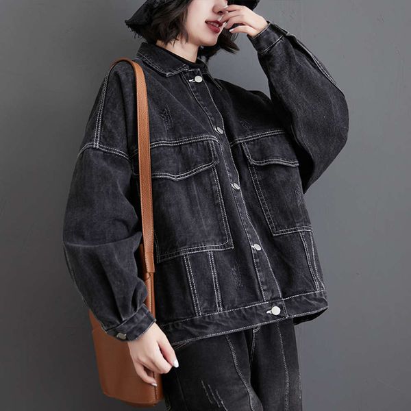 

cool denim bright line black spring coat big pocket new casual loose size korean women's top, Black;brown