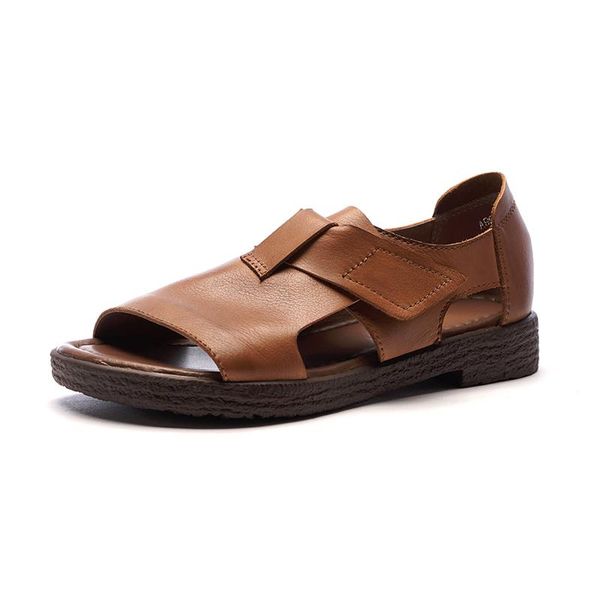 

women's shoes spring/summer 2021 new genuine leather fish mouth shoes women retro soft sole comfortable casual handmade sandals, Black