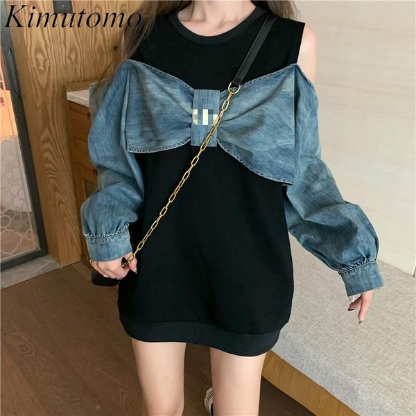 

women's hoodies & sweatshirts kimutomo bow jeans patchwork sweatshirt women fake two piece off shoulder hong kong style long sleeve pul, Black