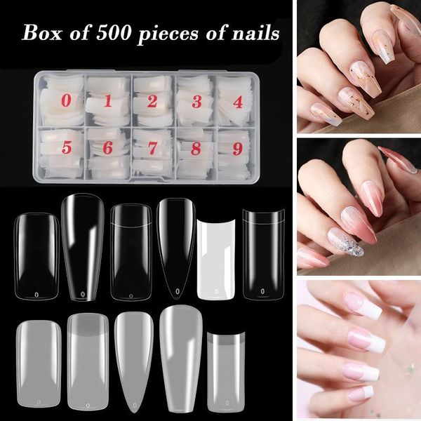 

false nails 500pcs diy artificial fake nail full cover coffin shaped ballerina kit french manicure transparent for salons, Red;gold
