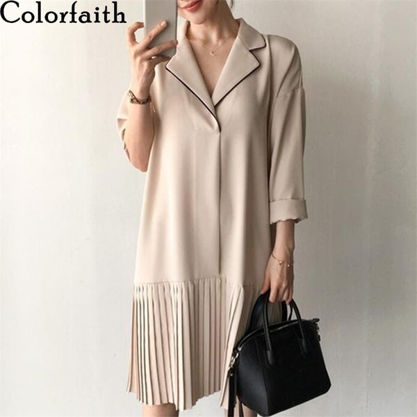 

colorfaith new spring summer women shirt dresses vintage patchwork fashionable elegant oversize pleated midi dress dr1406 210303, Black;gray