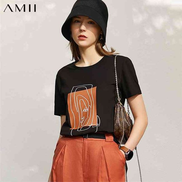 

amii minimalism summer women's tshirt fashion cotton oneck printed loose female streetwear 12140270 210708, White