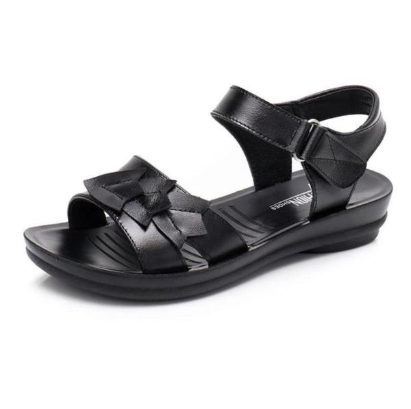 

size 35-41 summer women genuine leather sandals vintage ladies flat sandials ankle strap fashion casual platforms soft shoes, Black