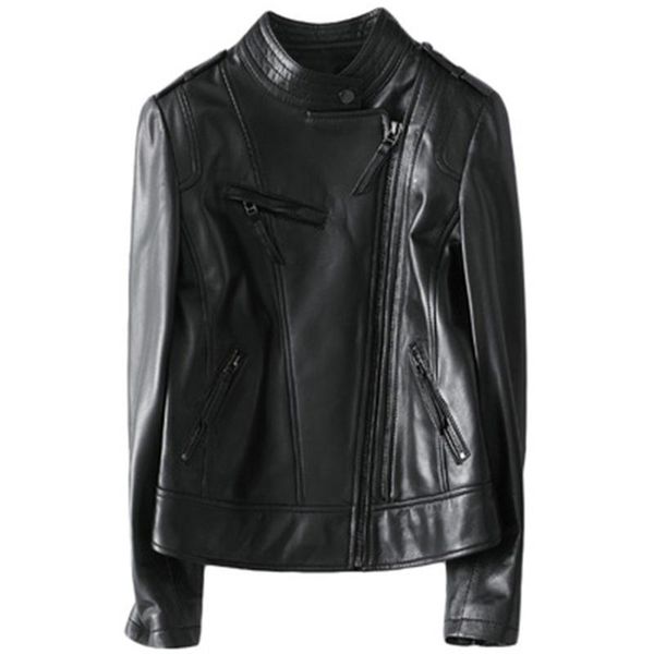 

women's leather & faux spring autumn coats trendy loose female sheepskin jackets zippers pockets plus size lady outerwear clothes, Black