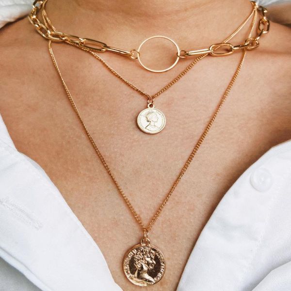

pendant necklaces akafashion trendy ins wind necklace chain female tide niche design alloy multilayer round women jewelry collares, Silver