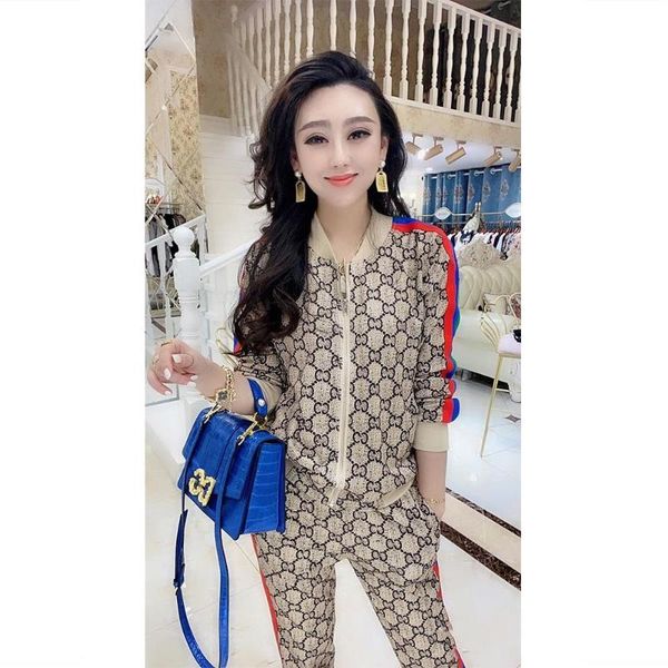 

women's two piece pants set 2021 autumn color matching zipper coat two-piece, White