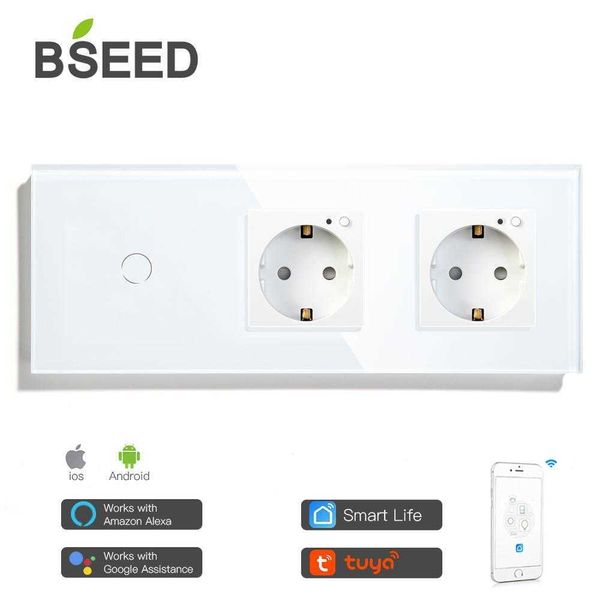 

bseed double wifi eu sockets 1gang 1way switch with white black gloden crystal glass panel control by alexa google ,tuya