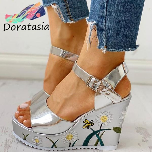 

sandals doratasia arrival rome flower buckle peep toe platform for women 2021 casual leisure dress wedges shoes, Black