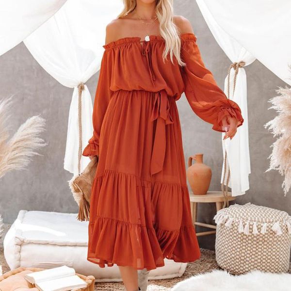 

casual dresses long green dress robe femme off shoulder lace up chiffon autumn winter women sash, Black;gray