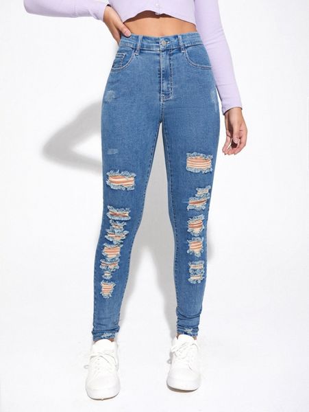 

curvy high waist ripped skinny jeans z0tj#, Blue
