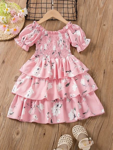 

toddler girls floral print shirred puff sleeve layer hem dress she, Red;yellow