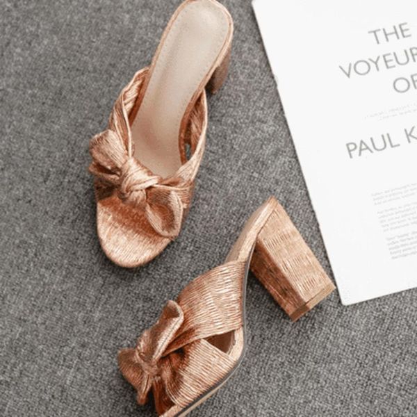 

sandals 2021 summer fashion sequined cloth women slippers slides round toe square high heel dress slip on mules gold size 35-42, Black