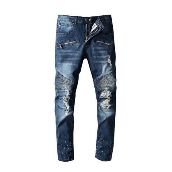 

men's fashion dark blue pleated ripped jeans plus size holes distressed slim stretch denim pants 1088 6m3i