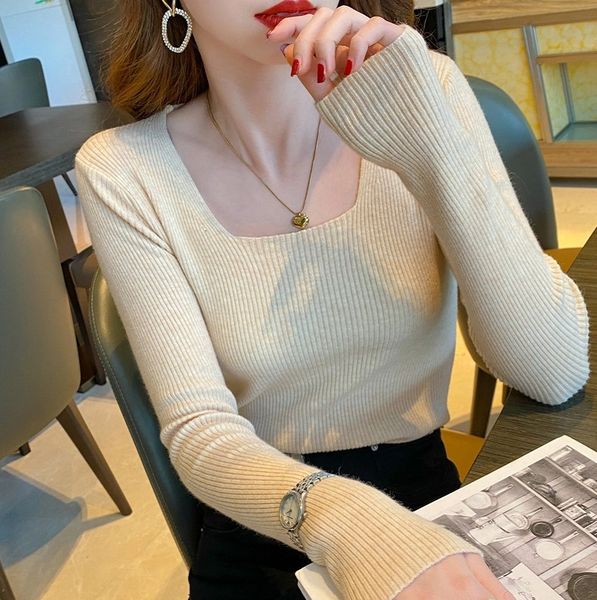 

women's t shirt french square neck thin knit bottomed shirt women's inner layer fashion fit slim trend in autumn 2021, White