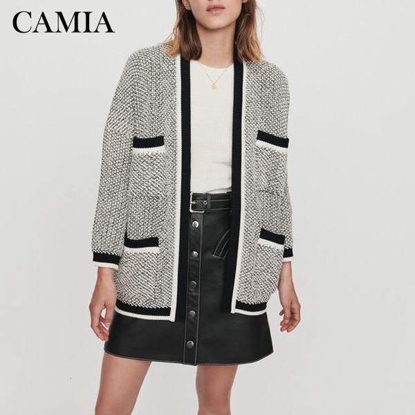 

female contrast front pocket relaxation cardigan sweater mqbm, White;black