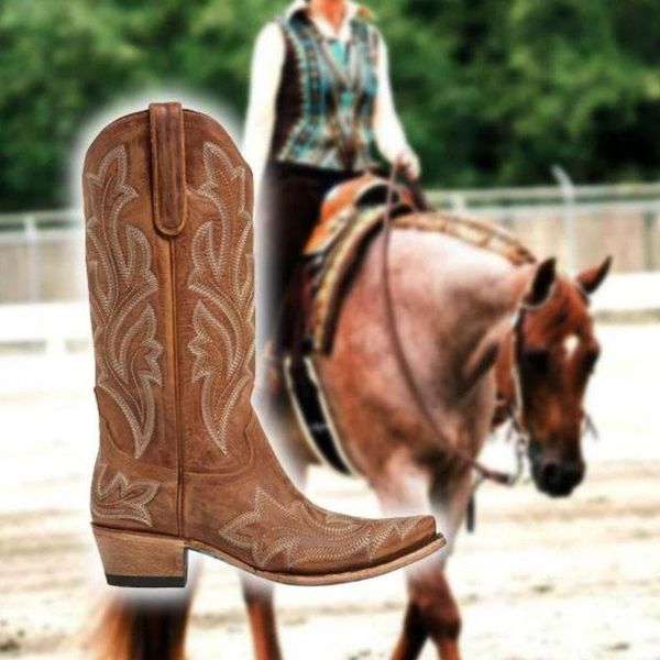 

boots 2021 ladies knee western style slip on mid heel platform female pumps large size warm embroidery womens leisure shoes, Black