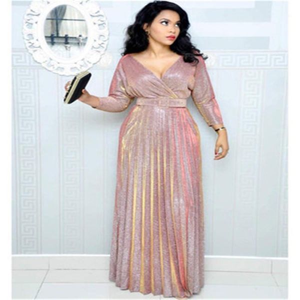 

casual dresses 2021 african for women colorful bronzing pleated mid sleeves large size dress with belt1, Black;gray