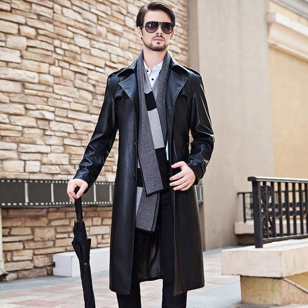 

men's fur & faux m-4xl2021 autumn and winter long design genuine leather clothing plus size trench male suit slim lengthen overcoat, Black