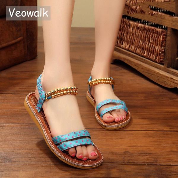 

sandals veowalk handmade palm fibers bottom summer women cotton beaded strap polka dot ladies flat beach shoes sandials mujer, Black