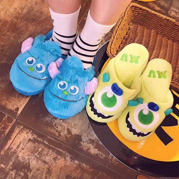

slippers winter couple warm cotton cartoon cute harajuku hairy fluffy home shoes men women comfor non-slip casual flat, Black