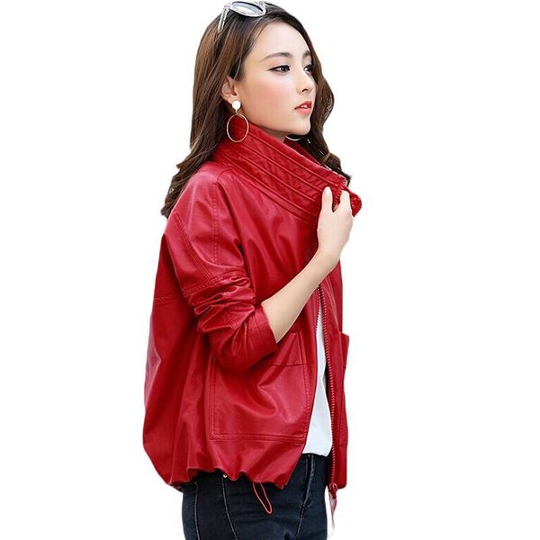 

women's jackets spring fashion fall women short pu leather motorcycle jacket coat zipper red black ladies loose basic xh1021, Black;brown