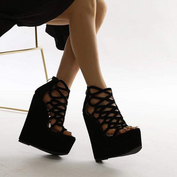 

sandals 2021 zipper fashion summer high heels fish mouth open toe wedges women, Black