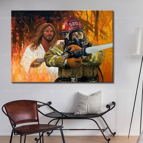 

paintings canvas painting angel and fireman fire fighting hero poster hd print wall art picture for home decoration frame artwork