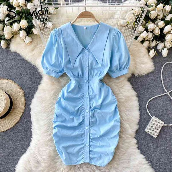 

dress for women summer korean puff sleeve peter pan collar button up folds casual a-line midi dresses blue black 210607, Black;gray
