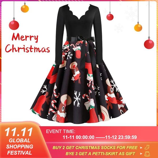 

casual dresses christmas dress women winter long sleeve v neck year party big swing female elegant robe, Black;gray